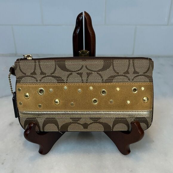 Coach Jacquard Signature Suede Stripe Grommet Clutch Wristlet - Picture 2 of 14